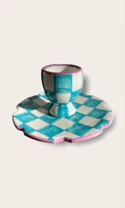 Blue Check Egg Cup + Small Plate