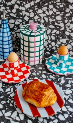 Blue Check Egg Cup + Small Plate